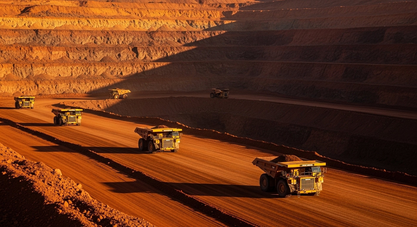 A fleet of autonomous haul trucks in the Pilbara at sunrise