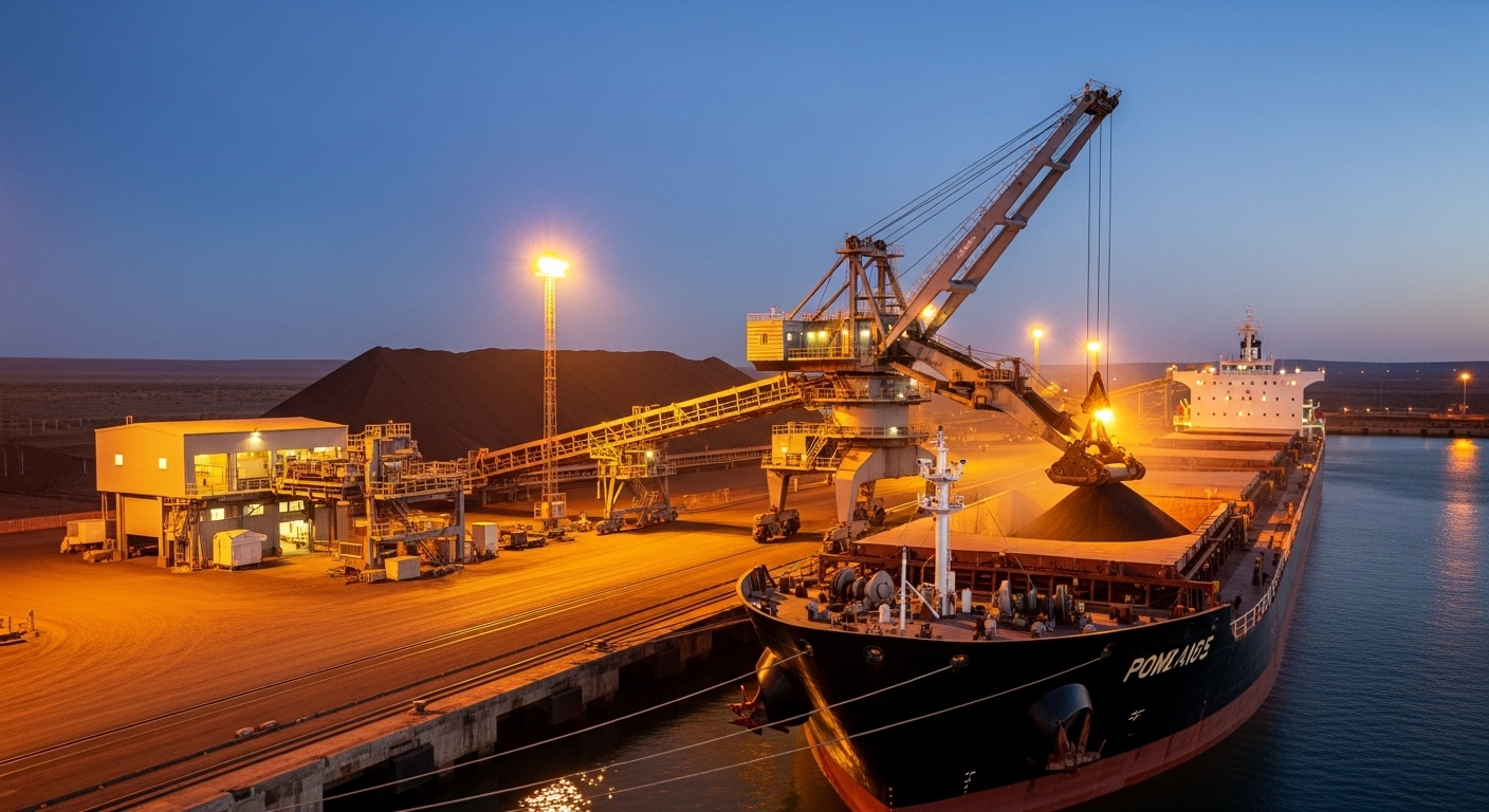 Industrial ship being loaded at a port